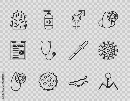 Set line Blood test and virus, Bacteria bacteriophage, Gender, Virus, Rabies, Stethoscope, Ebola disease and icon. Vector