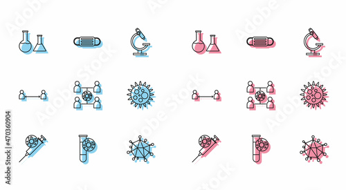 Set line Syringe and virus, Test tube with, flask, Virus, spread, Safe distance and Medical protective mask icon. Vector