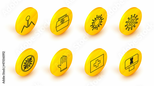 Set line DNA spiral and computer, First aid kit, Medical rubber gloves, Stop virus, Virus, and Bacteria bacteriophage icon. Vector