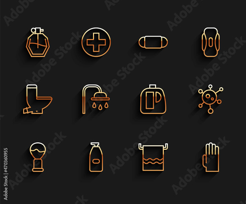 Set line Shaving brush, Bottle of liquid antibacterial soap, Perfume, Towel on hanger, Rubber gloves, Shower head, Virus and Bottles for cleaning agent icon. Vector