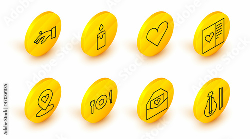 Set line Violin, Envelope with Valentine heart, Plate, fork and knife, Location, Postcard, Heart, Burning candle and Wedding rings hand icon. Vector