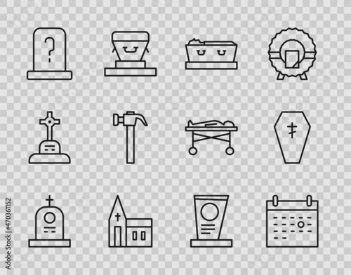 Set line Grave with tombstone, Calendar death, Coffin dead, Church building, Hammer, and cross icon. Vector