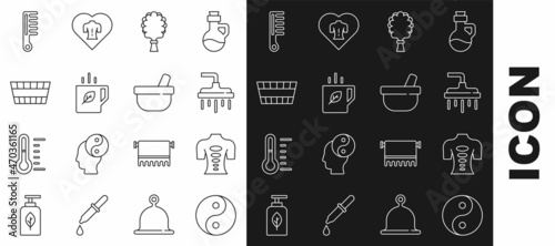 Set line Yin Yang, Massage stone therapy, Shower head, Sauna broom, Cup of tea and leaf, bucket, Hairbrush and Mortar pestle icon. Vector