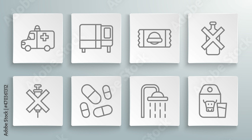 Set line No doping syringe, Bed, Vitamin pill, Shower head, Paper package for milk, Sports nutrition, alcohol and Ambulance and emergency car icon. Vector