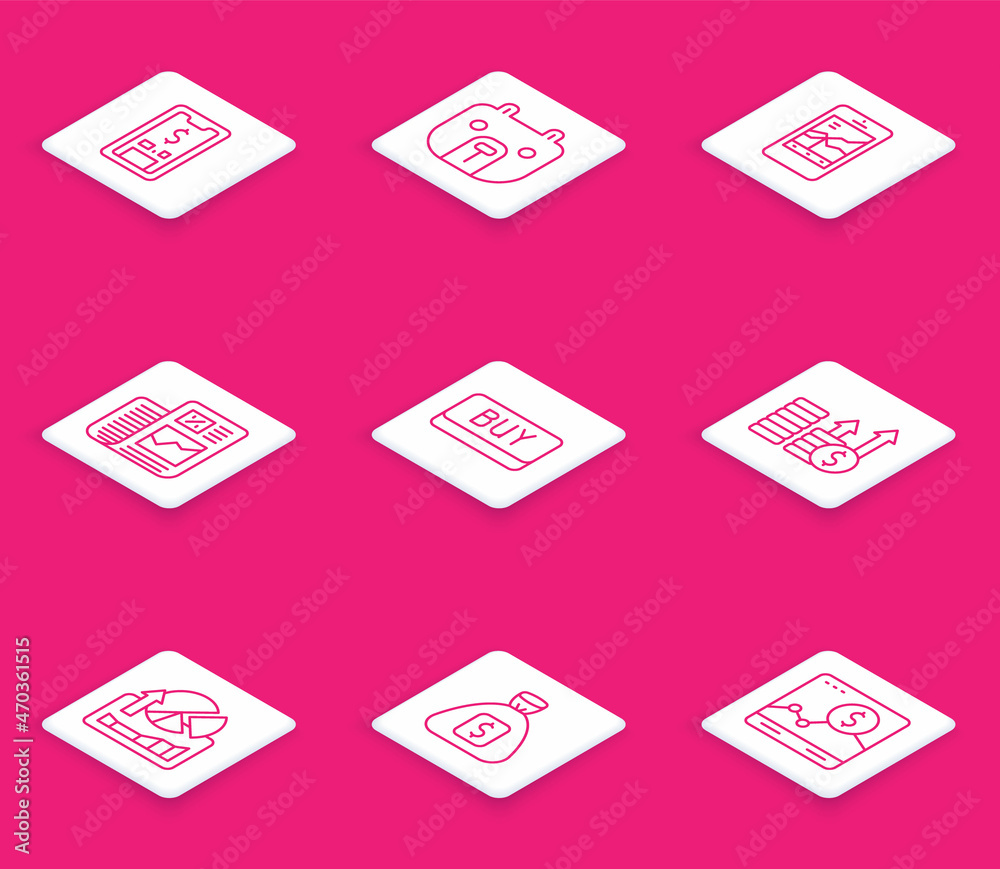 Set line Mobile with dollar, Bear market, stock trading, Business finance report, Buy button, Financial growth and, Stocks graphs and Money bag icon. Vector Set line Mobile with dollar, Bear market, stock trading, Business finance report, Buy button, Financial growth and, Stocks graphs and Money bag icon. Vector