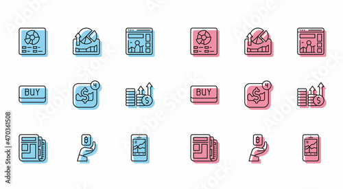 Set line Stock market news, Hand holding Bitcoin, Pie chart infographic, Mobile stock trading, Financial growth dollar, Buy button and Stocks graphs icon. Vector