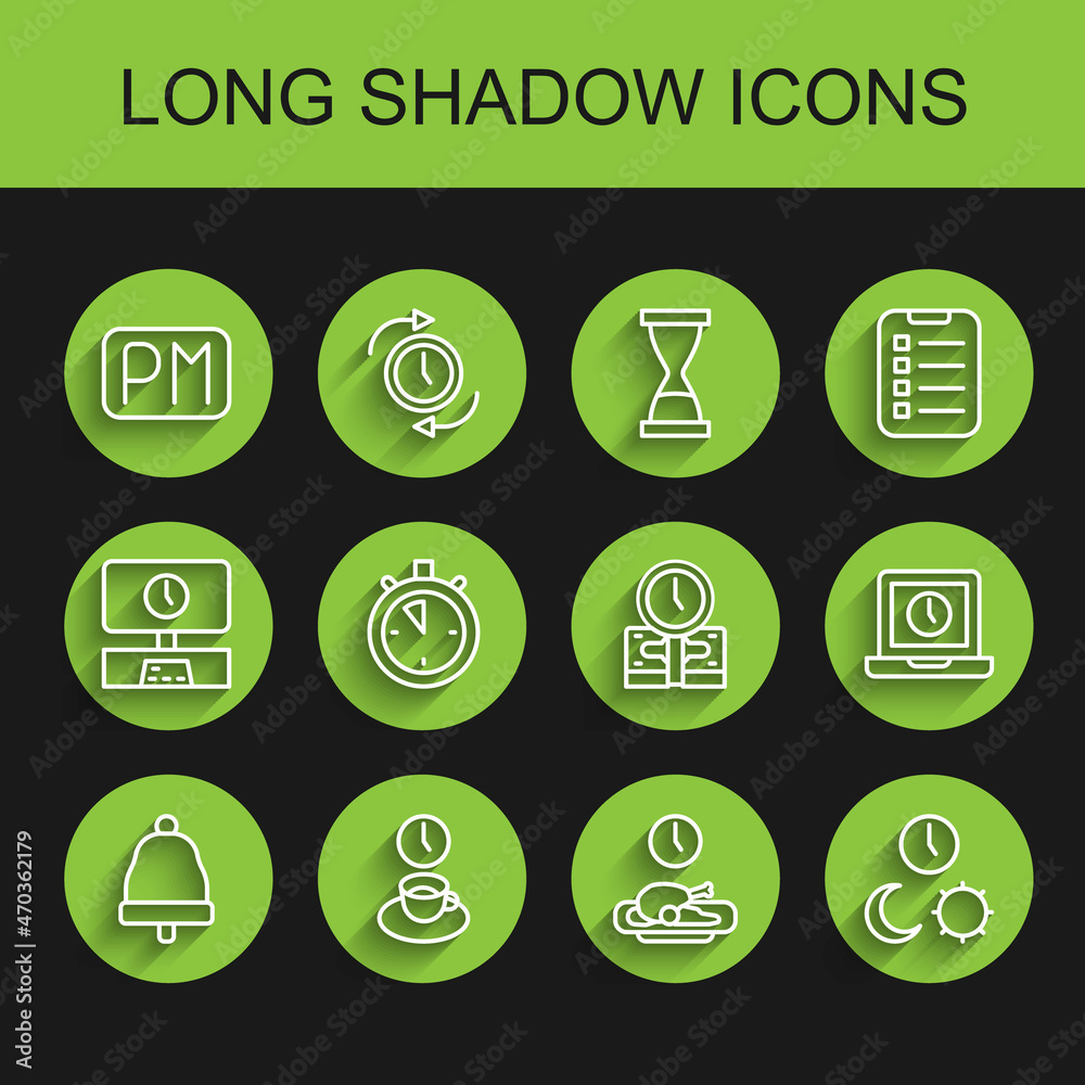 Set line Ringing bell, Coffee time, Day, Food, and night with, Stopwatch, Laptop and Time is money icon. Vector Set line Ringing bell, Coffee time, Day, Food, and night with, Stopwatch, Laptop and Time is money icon. Vector