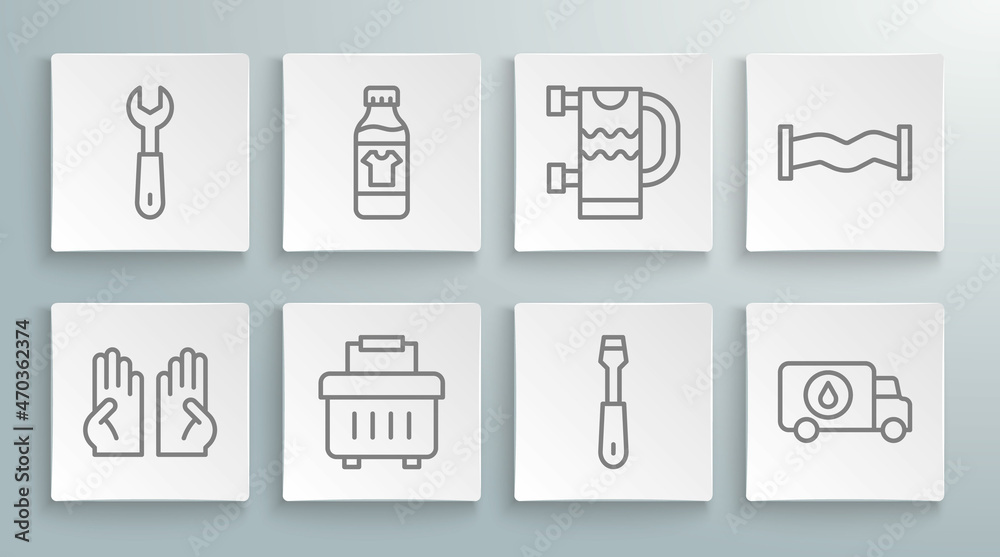 Set line Rubber gloves, Bottle for cleaning agent, Toolbox, Screwdriver, Plumber service car, Heated towel rail, Industry metallic pipe and Wrench spanner icon. Vector