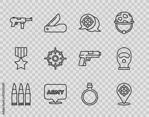 Set line Bullet, Target sport, Military army, Submachine gun M3, Canteen water bottle and Balaclava icon. Vector