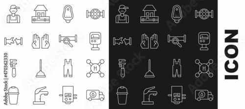 Set line Plumber service car, Water tap, Pressure water meter, Toilet urinal or pissoir, Rubber gloves, Broken pipe, and Industry metallic icon. Vector