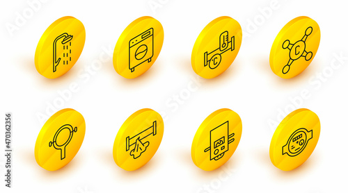 Set line Water meter, Gas boiler, Broken pipe, Filter wrench, tap, Industry metallic, Washer and Shower icon. Vector