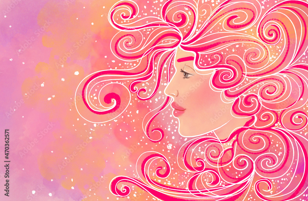 beautiful ornate pink fashion girl portrait illustration