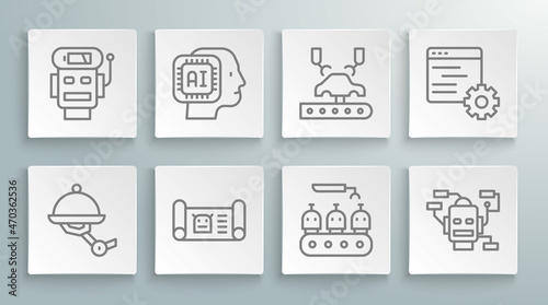 Set line Waiter robot, Humanoid, Robot blueprint, Industrial production of robots, Robotic arm factory, Computer api interface and low battery charge icon. Vector