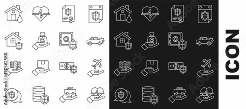 Set line Life insurance in hand, Plane, Car, Contract with shield, Money, House, flood and Safe icon. Vector