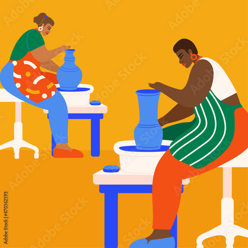 Illustration of people creating pottery in workshop