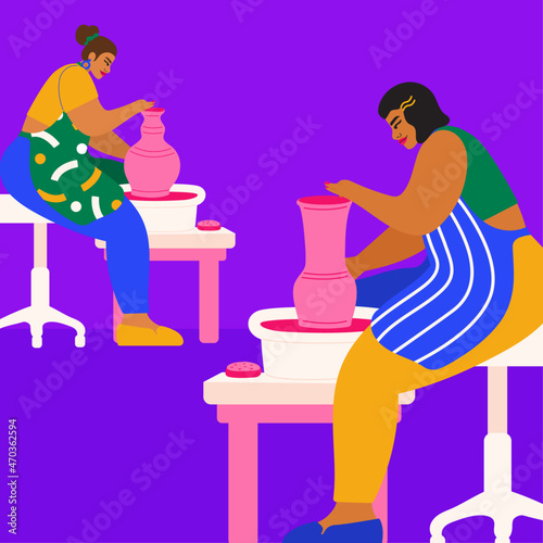 Illustration of people creating pottery in workshop
