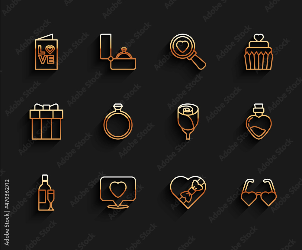 Set line Champagne bottle, Like and heart, Valentines day party flyer, Candy shaped box, Heart love glasses, Diamond engagement ring, Bottle with potion and Flower rose icon. Vector Set line Champagne bottle, Like and heart, Valentines day party flyer, Candy shaped box, Heart love glasses, Diamond engagement ring, Bottle with potion and Flower rose icon. Vector