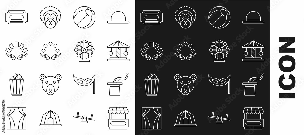 Set line Fast street food cart, Magician hat, Attraction carousel, Beach ball, Juggling, Hand holding playing cards, Circus ticket and Ferris wheel icon. Vector