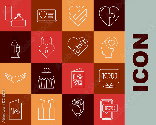 Set line Mobile with heart, Speech bubble I love you, Head, Candy in shaped box, Castle the of, Champagne bottle, Diamond engagement ring and icon. Vector