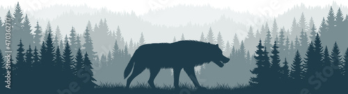vector mountains forest woodland background texture seamless pattern with wild wolf