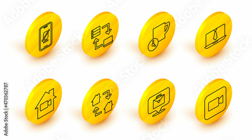 Set line Camera, Online working, Video camera Off home, chat conference, Time management, and Mute microphone mobile icon. Vector