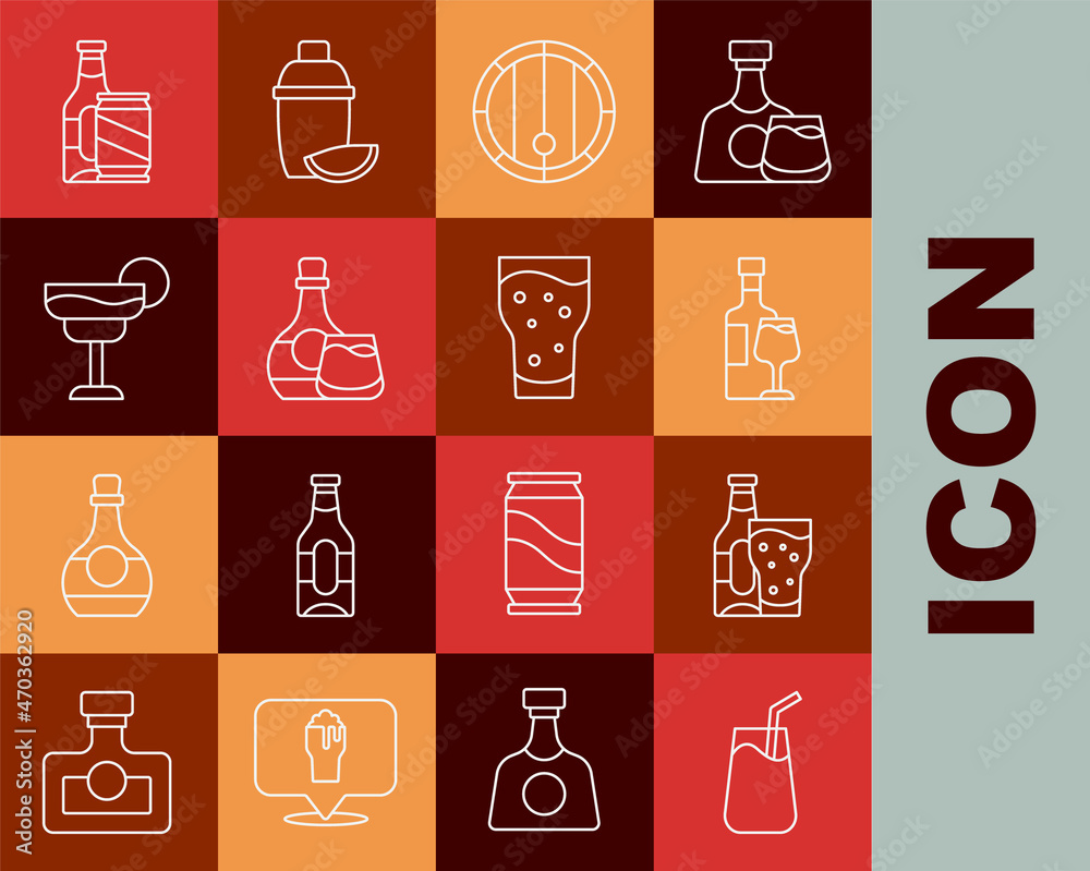 Set line Cocktail, Beer bottle and glass, Wine with, Wooden barrel, Whiskey, beer can and Glass of icon. Vector Set line Cocktail, Beer bottle and glass, Wine with, Wooden barrel, Whiskey, beer can and Glass of icon. Vector