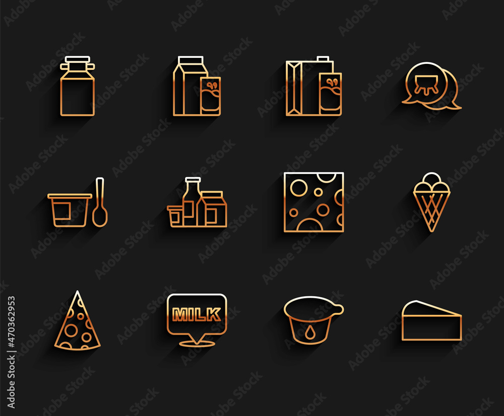 Set line Cheese, Lettering milk, Can container for, Yogurt, Milk product, Ice cream waffle cone and icon. Vector Set line Cheese, Lettering milk, Can container for, Yogurt, Milk product, Ice cream waffle cone and icon. Vector