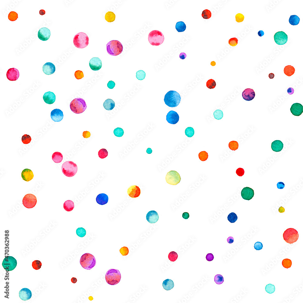 Watercolor confetti on white background. Admirable rainbow colored dots. Happy celebration square colorful bright card. Awesome hand painted confetti.