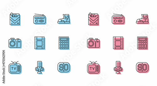 Set line Retro tv, Microphone, Cigarettes pack box, 90s, Play Video, Calculator, Photo camera and Radio with antenna icon. Vector