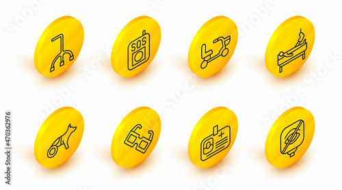 Set line Blindness, Identification badge, Eyeglasses, Dog wheelchair, Patient with broken leg, Electric, Press the SOS button and Walking stick cane icon. Vector