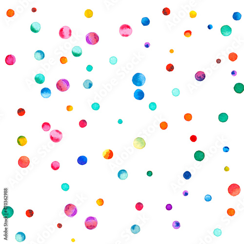 Watercolor confetti on white background. Admirable rainbow colored dots. Happy celebration square colorful bright card. Awesome hand painted confetti.