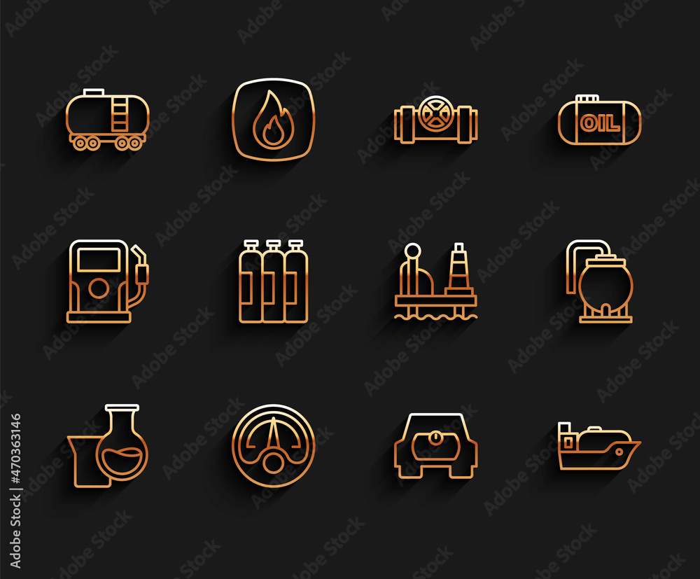 Set line Oil petrol test tube, Motor gas gauge, railway cistern, Gas tank for vehicle, tanker ship, Industrial cylinder, storage and platform the sea icon. Vector Set line Oil petrol test tube, Motor gas gauge, railway cistern, Gas tank for vehicle, tanker ship, Industrial cylinder, storage and platform the sea icon. Vector