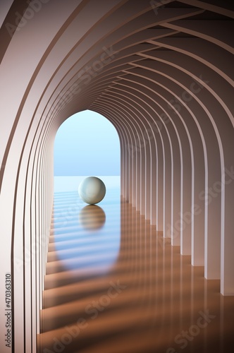 3D rendering, The light through the arch hits the sphere with the sky background. Futuristic Interior Scene 3D Model available for imagination.