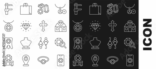 Set line Jewelry online shopping, Gem stone, store, Diamond, Pendant necklace, Calliper caliper and scale and Christian cross icon. Vector