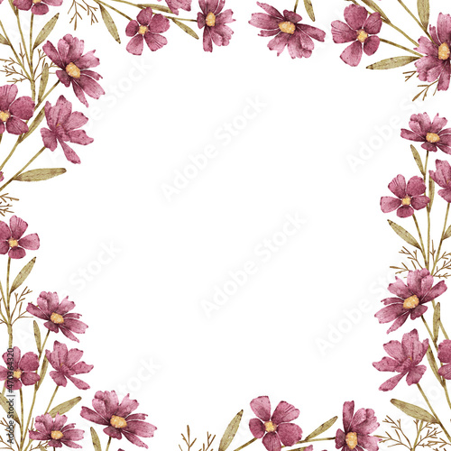 frame with delicate pink flowers watercolor illustration, hand painted