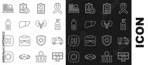 Set line Monitor with cardiogram, Ambulance, Antibacterial soap, Patient record, Human organ liver, Digital thermometer, Hospital building and kidneys icon. Vector