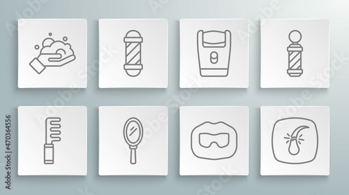 Set line Hairbrush, Classic Barber shop pole, Hand mirror, Mustache beard, Broken hair follicle, Electric razor blade, and Shaving foam on hand icon. Vector