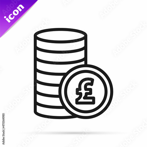 Black line Coin money with pound sterling symbol icon isolated on white background. Banking currency sign. Cash symbol. Vector