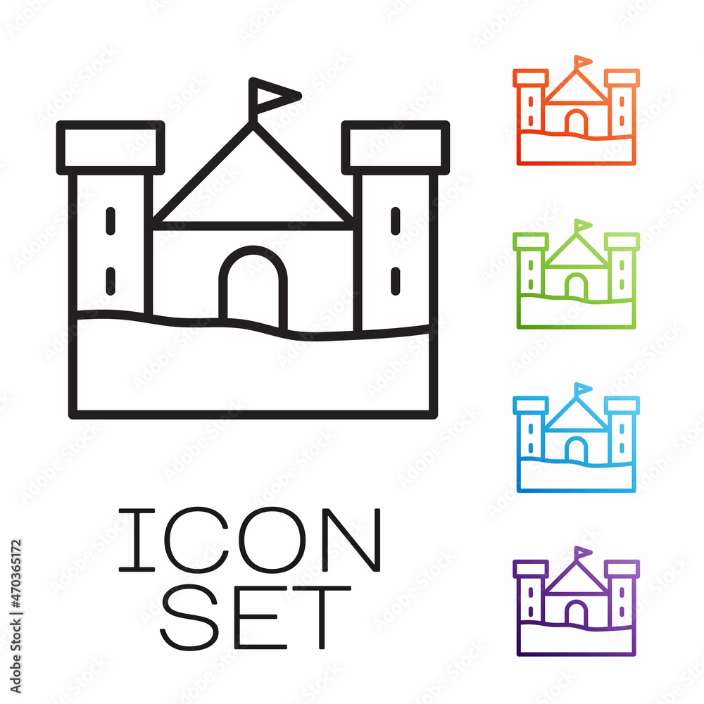Black line Sand castle icon isolated on white background. Set icons colorful. Vector Black line Sand castle icon isolated on white background. Set icons colorful. Vector