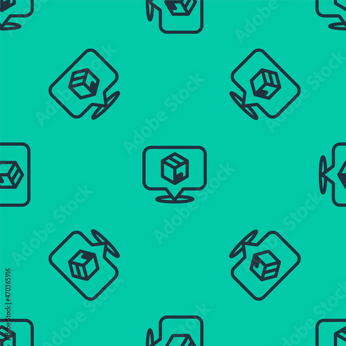 Blue line Location with cardboard box icon isolated seamless pattern on green background. Delivery services, logistic and transportation, distribution. Vector