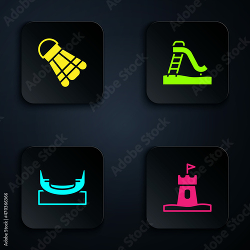 Set Sand tower, Badminton shuttlecock, Boat swing and Kid slide. Black square button. Vector