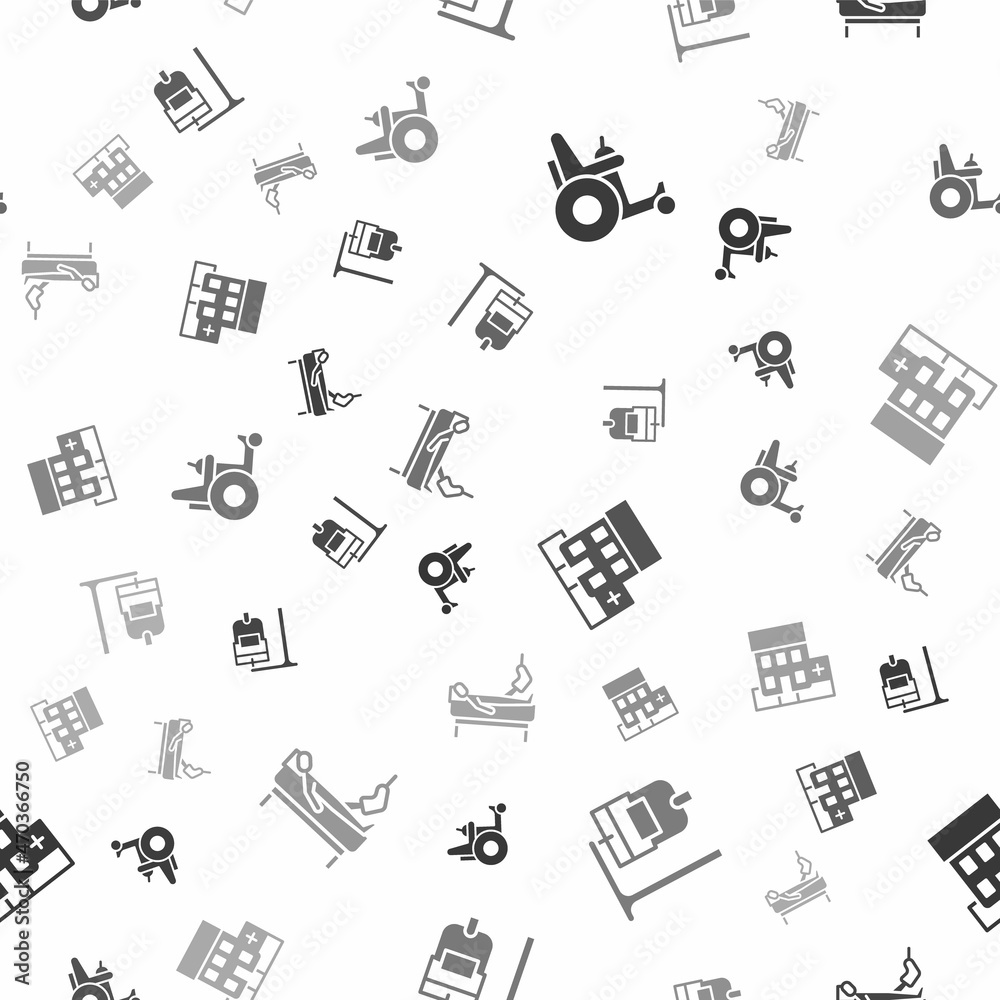 Set Electric wheelchair, IV bag, Medical hospital building and Patient with broken leg on seamless pattern. Vector Set Electric wheelchair, IV bag, Medical hospital building and Patient with broken leg on seamless pattern. Vector
