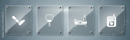Set Press the SOS button, Patient with broken leg, Dental implant and Prosthesis. Square glass panels. Vector