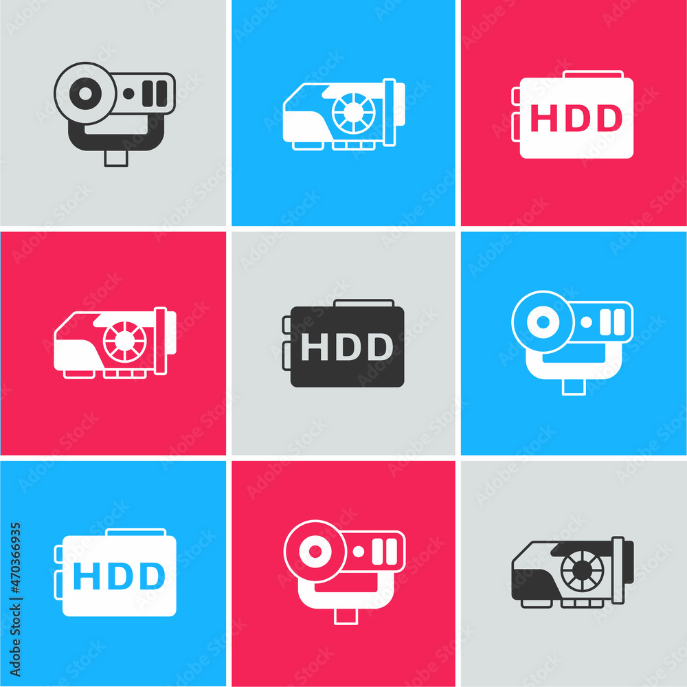 Set Web camera, Video graphic card and Hard disk drive HDD icon. Vector Set Web camera, Video graphic card and Hard disk drive HDD icon. Vector