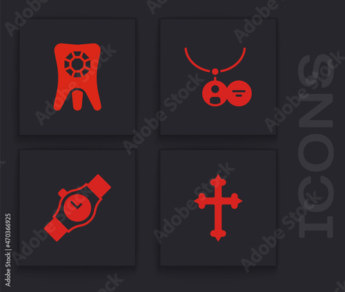 Set Christian cross, Tooth with diamond, Locket necklace and Wrist watch icon. Vector