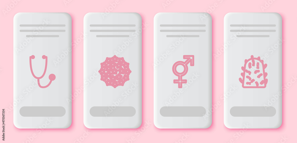 Set line Stethoscope, Virus, Gender and Rabies virus. White rectangle button. Vector Set line Stethoscope, Virus, Gender and Rabies virus. White rectangle button. Vector