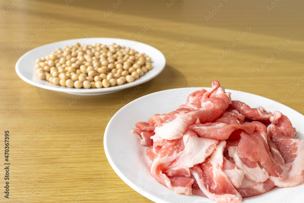 大豆と豚肉。大豆ミートのイメージ
