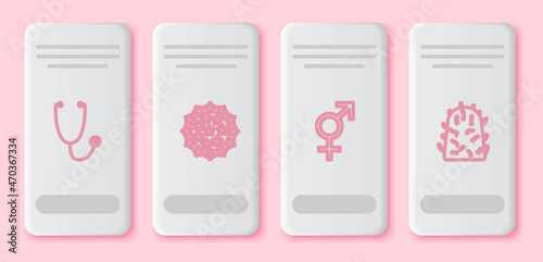 Set line Stethoscope, Virus, Gender and Rabies virus. White rectangle button. Vector