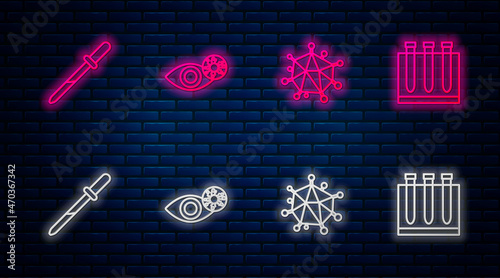 Set line Reddish eye due to virus, Virus, Pipette and Blood test and. Glowing neon icon on brick wall. Vector