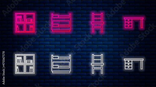 Set line Bunk bed, Chair, Shelf with books and Office desk. Glowing neon icon on brick wall. Vector